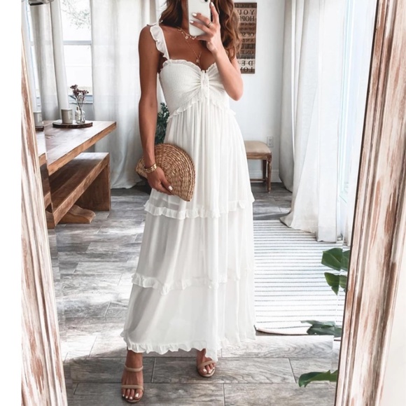 BellanBlue Dresses & Skirts - Boho White Sweetheart Neck Ruffle Ruffle Cami Maxi Dress